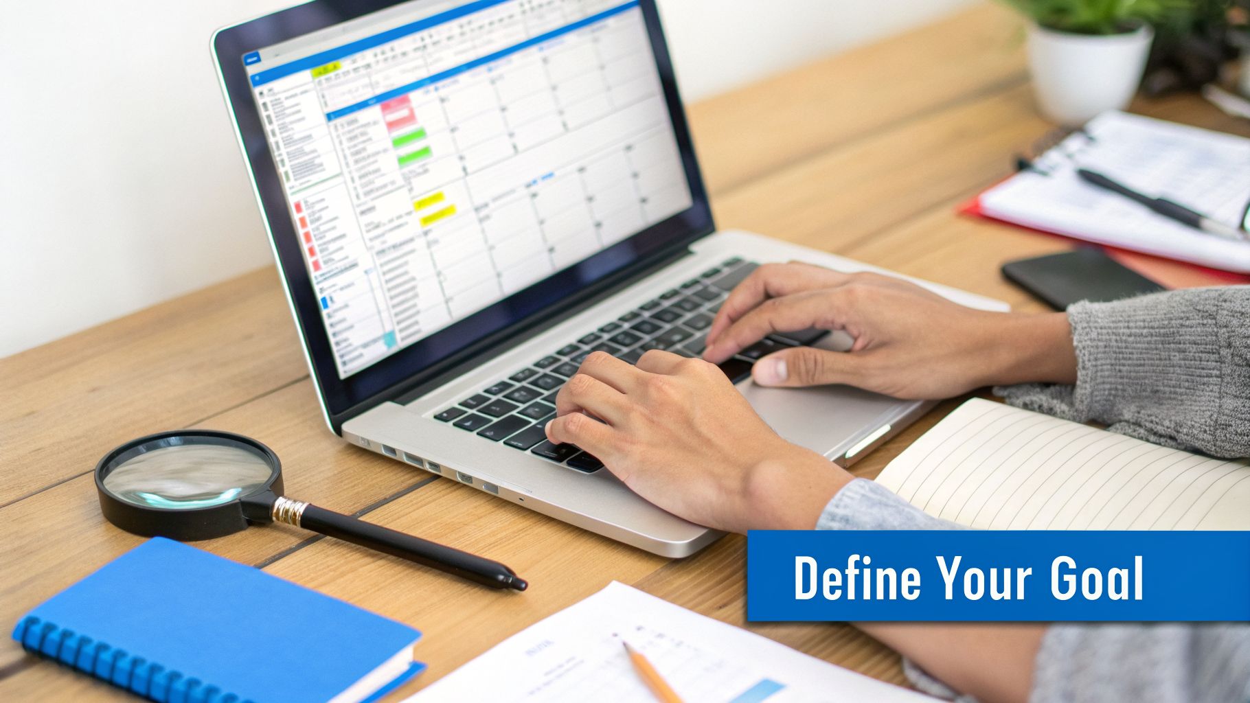 Person typing on a laptop displaying a calendar, with office supplies on a wooden desk.