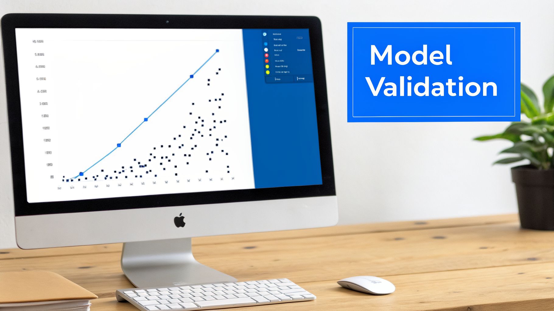 A desk setup with an Apple iMac displaying a regression analysis chart and 'Model Validation' text.