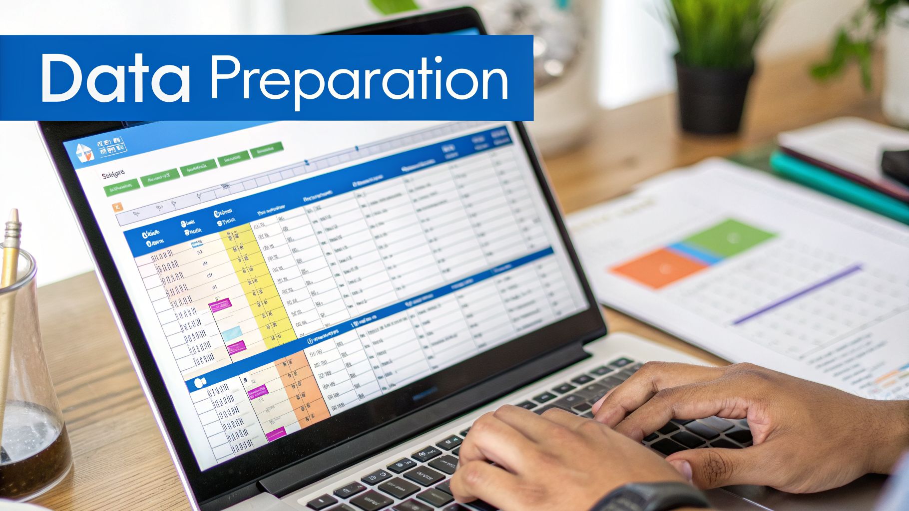 A person's hands typing on a laptop displaying data, with 'Data Preparation' banner, and charts.