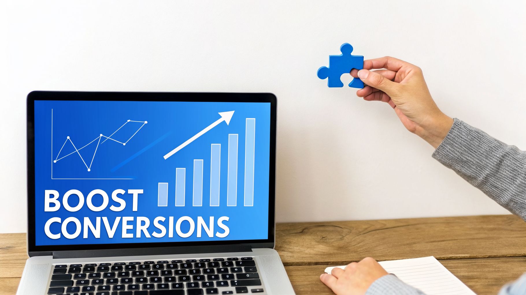 A person's hand holds a blue puzzle piece next to a laptop displaying 'BOOST CONVERSIONS' and growth charts.