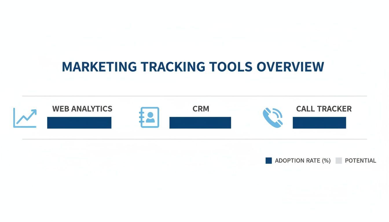 Overview of marketing tracking tools: Web Analytics, CRM, and Call Tracker, showing their adoption rates.