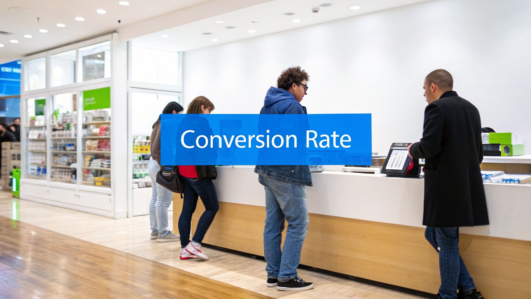Customers waiting at a service counter in a store, with 'Conversion Rate' text overlay.