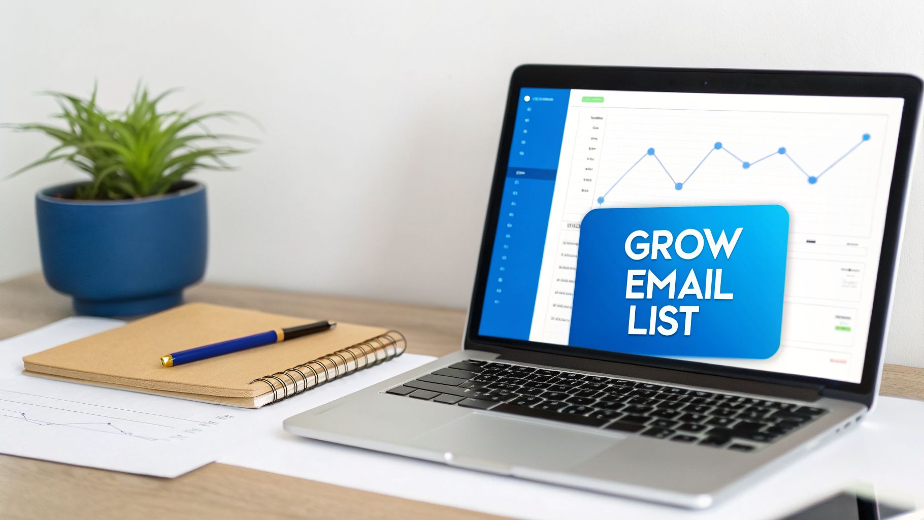 A laptop displaying a 'GROW EMAIL LIST' pop-up and a graph, with a plant and notepad on a desk.