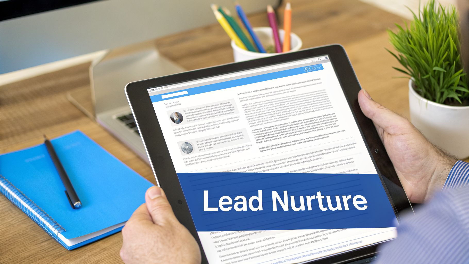 A person holds a tablet displaying 'Lead Nurture' text, with a laptop and notebook in the background.