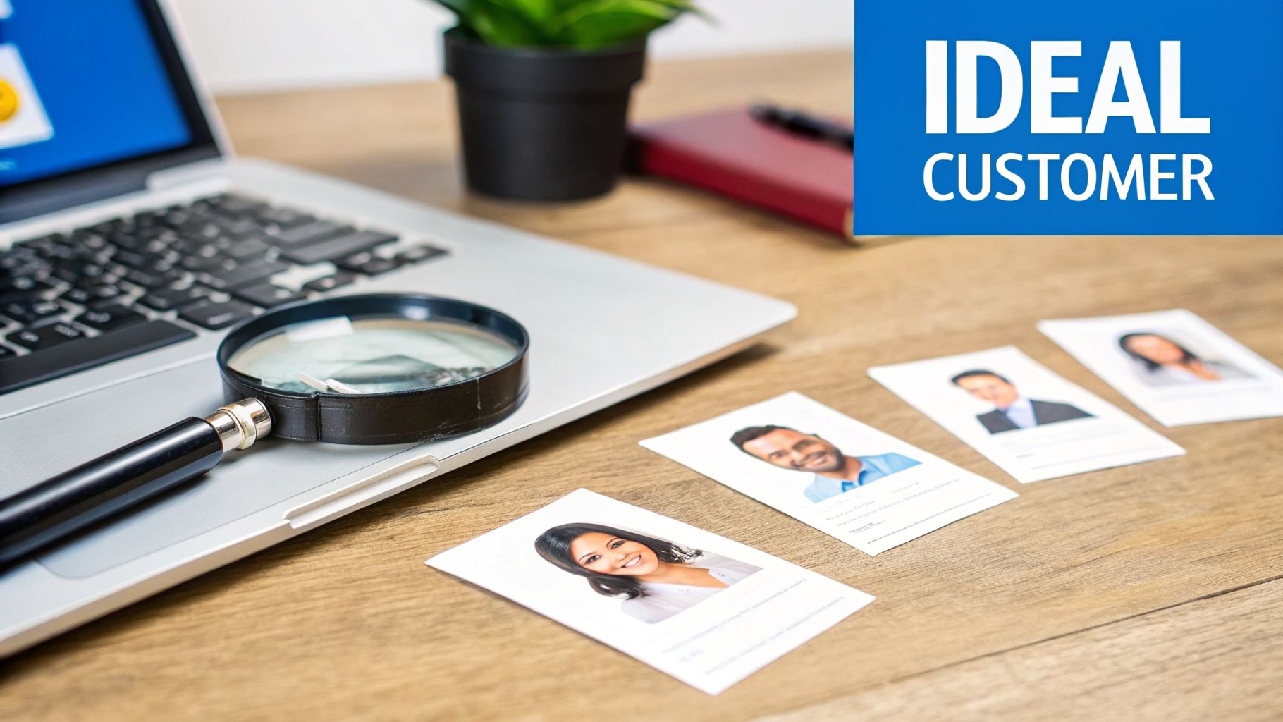 A magnifying glass on a laptop keyboard with several customer profile cards, symbolizing ideal customer search.