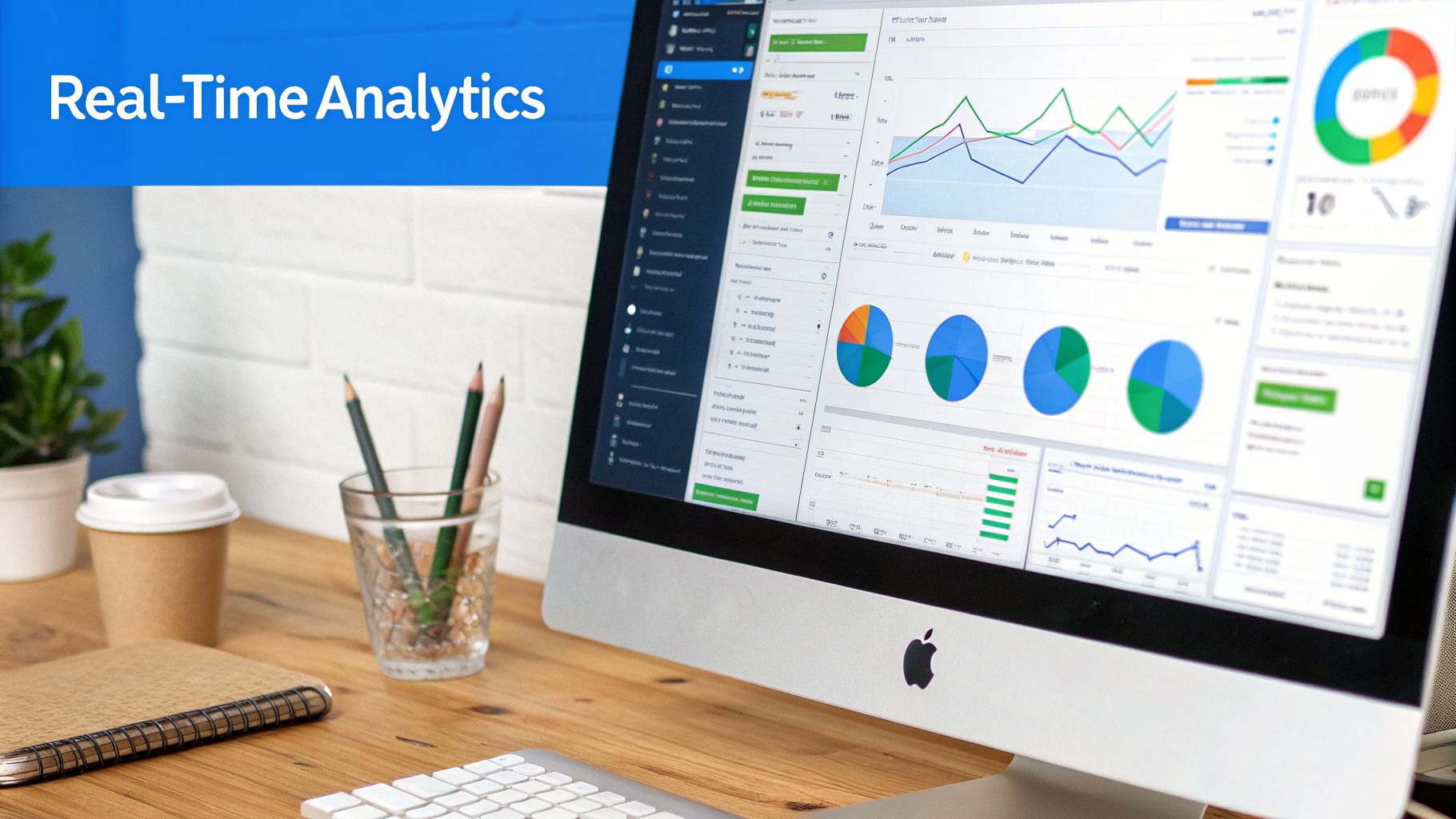 A desktop computer displaying real-time analytics charts and graphs on a wooden desk.