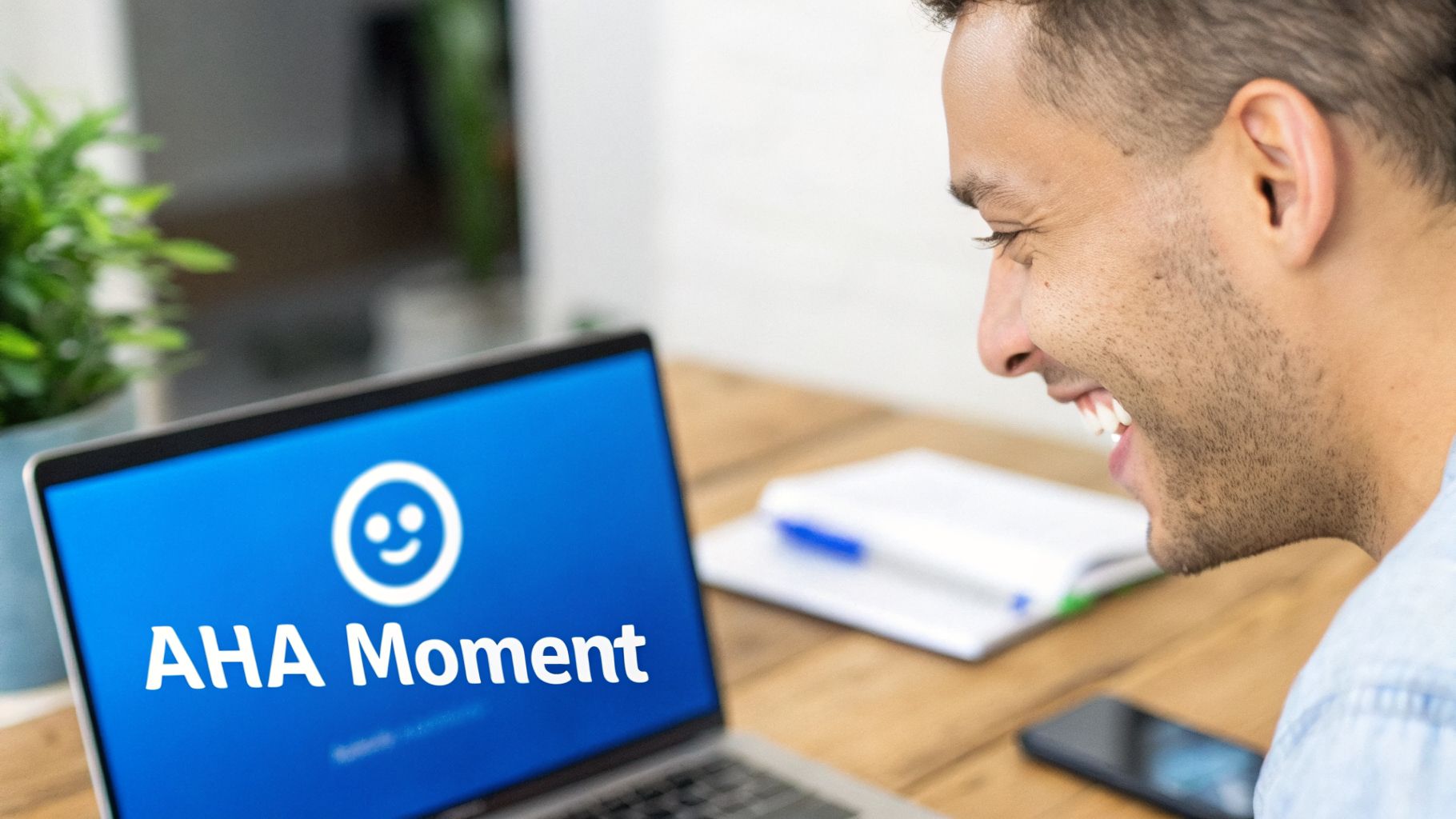 A smiling man looks at his laptop showing 'AHA Moment' and a happy emoji, experiencing a breakthrough.