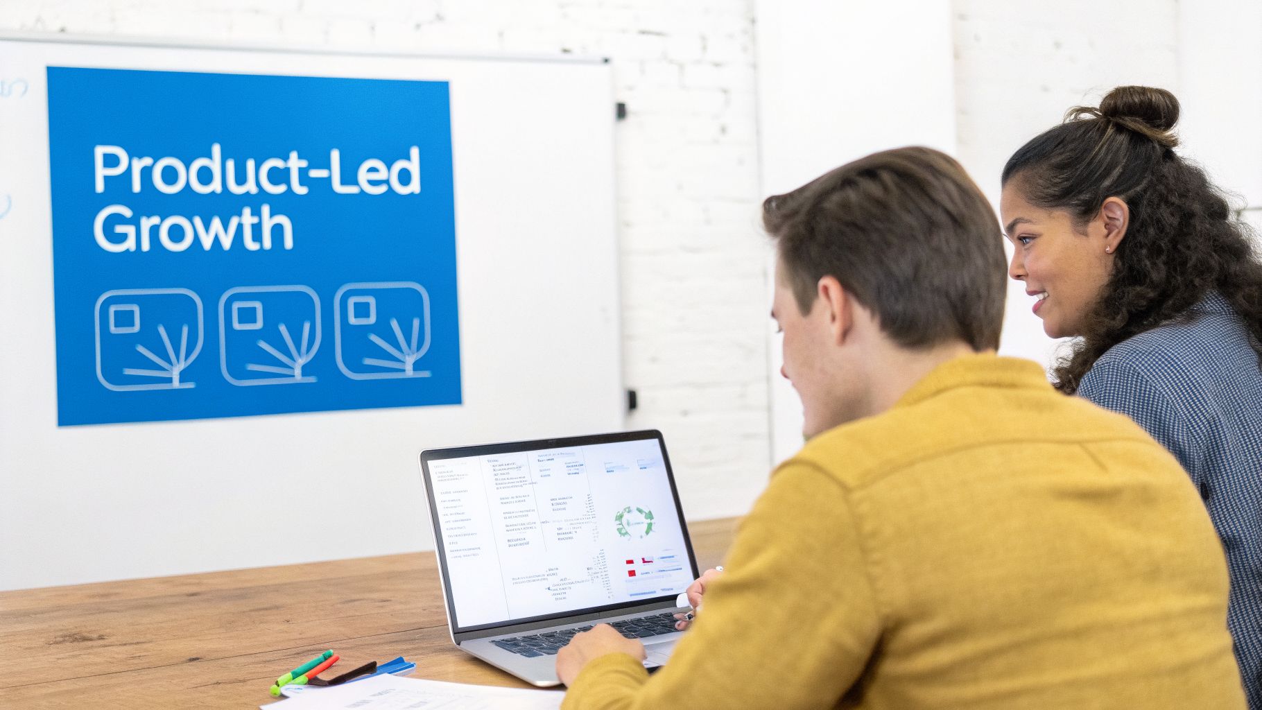 Two professionals collaborating on a laptop, with a 'Product-Led Growth' sign displayed on a whiteboard.