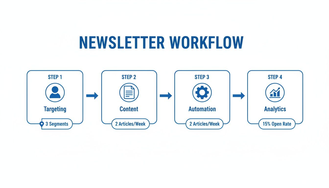 A detailed diagram illustrating the four-step newsletter workflow: targeting, content, automation, and analytics.