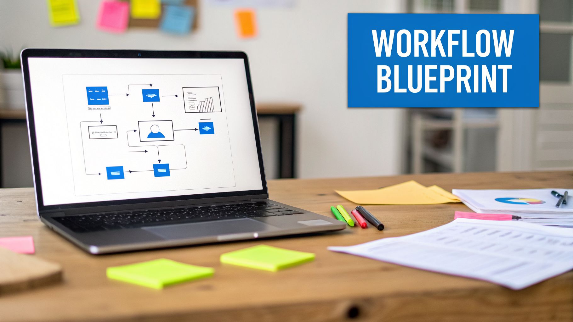 A laptop displays a workflow blueprint diagram on a wooden desk with colorful office supplies.