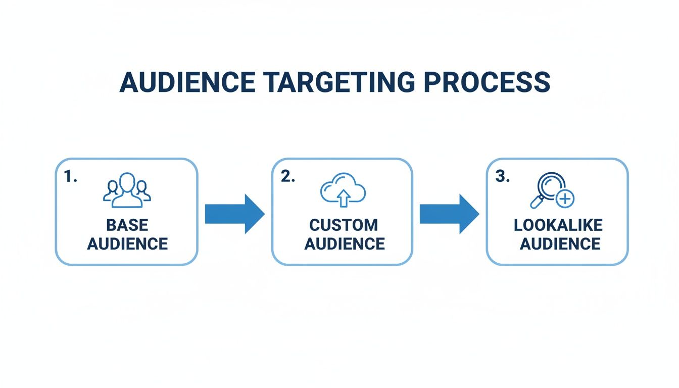 Diagram illustrating the audience targeting process with steps: Base, Custom, and Lookalike Audiences.