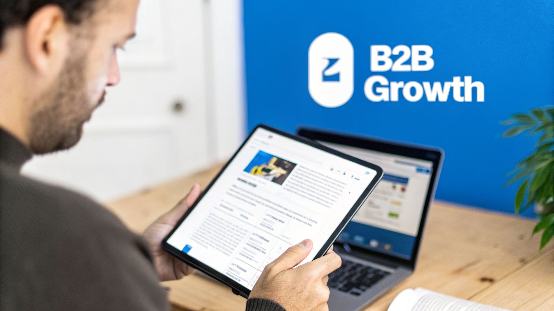A man holds a tablet, viewing digital content, with a laptop and B2B Growth logo in background.