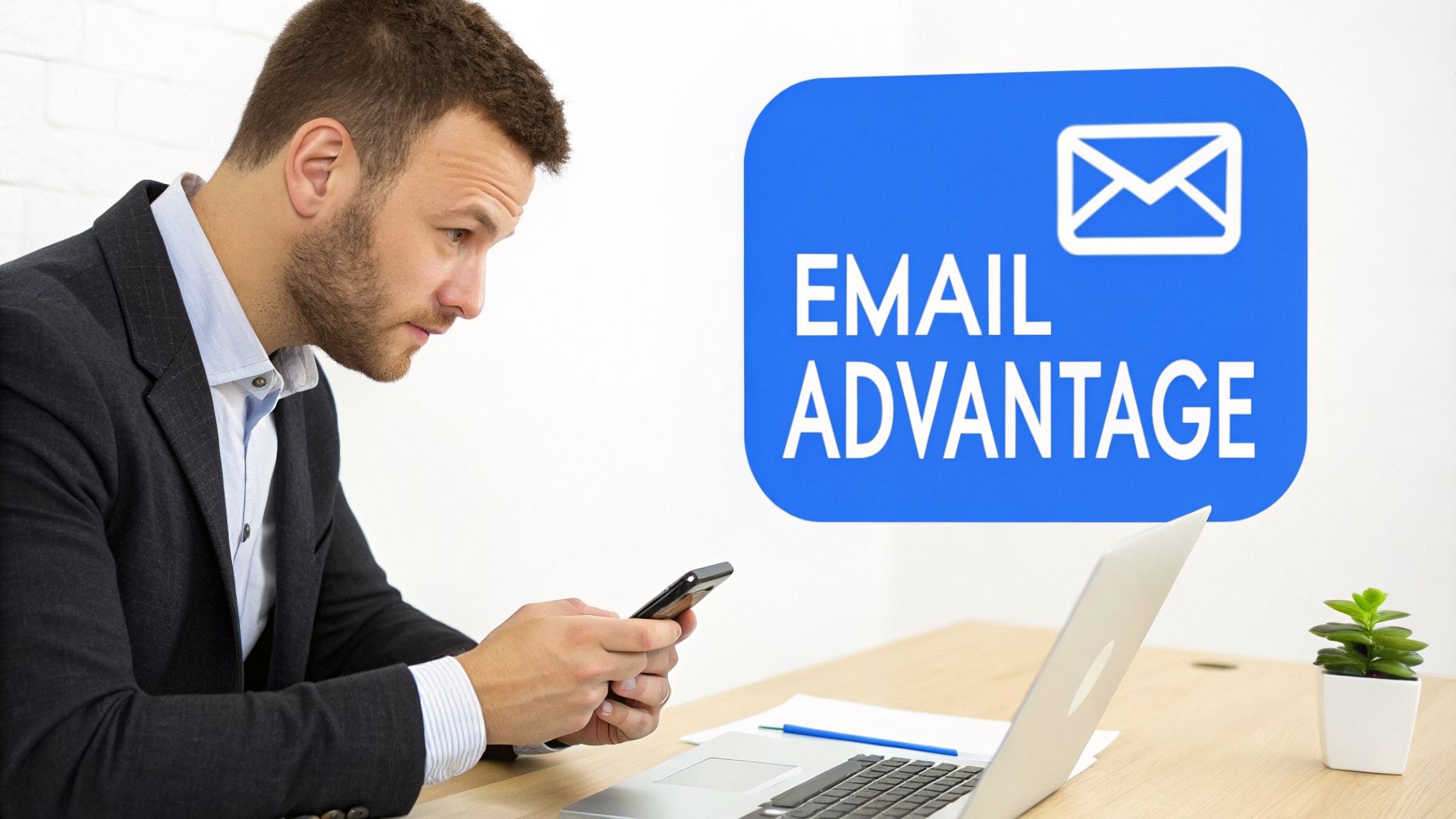 Man using a smartphone at a desk with a laptop, next to a blue 'EMAIL ADVANTAGE' graphic.