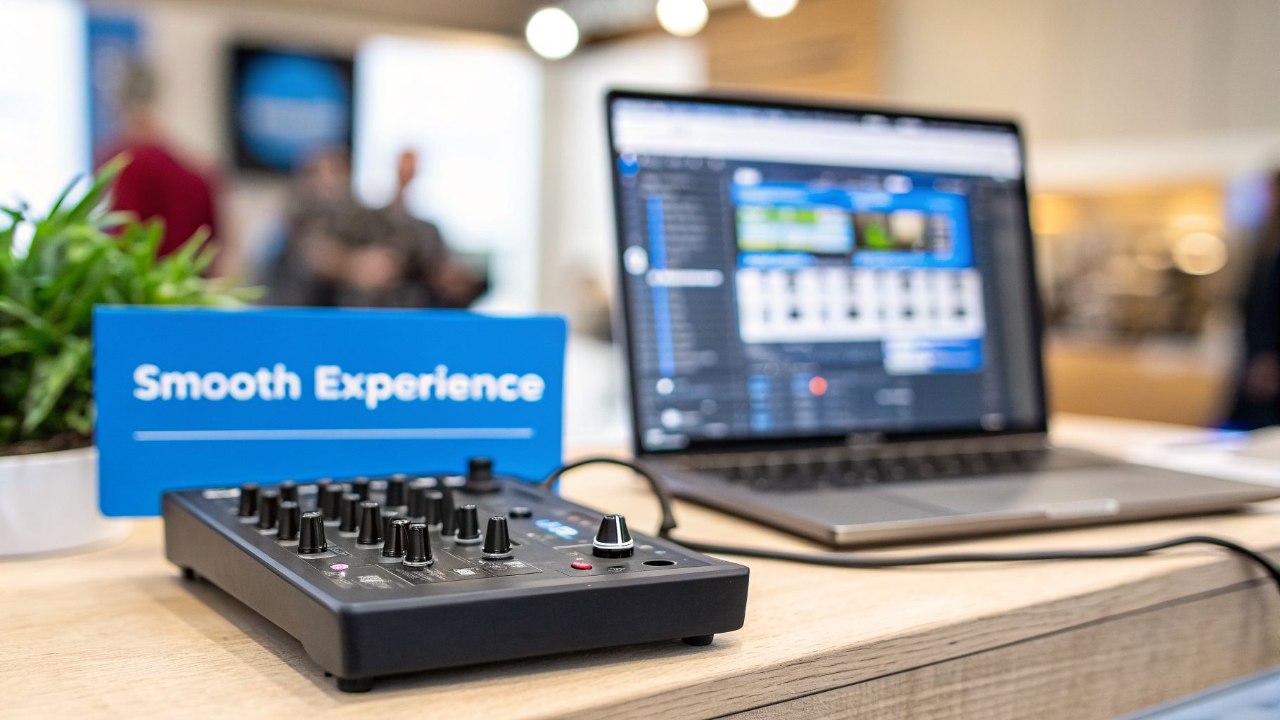 A black audio mixer and a laptop displaying creative software on a desk with a 'Smooth Experience' sign.