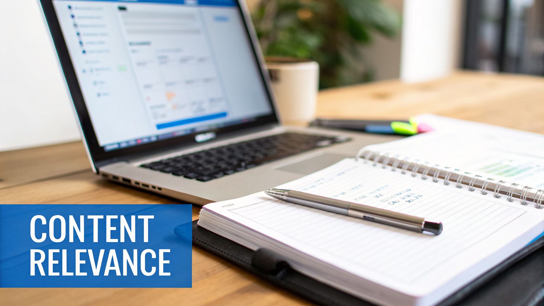A laptop and open notebook with a pen on a wooden desk, featuring 'CONTENT RELEVANCE' text.