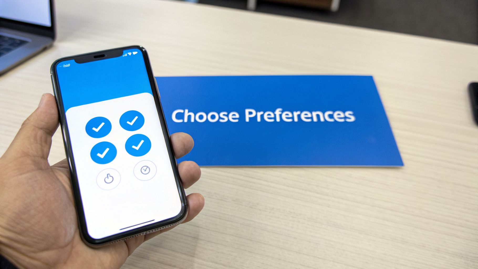 A hand holds a smartphone displaying an app with four blue checkmarks, next to a 'Choose Preferences' sign.