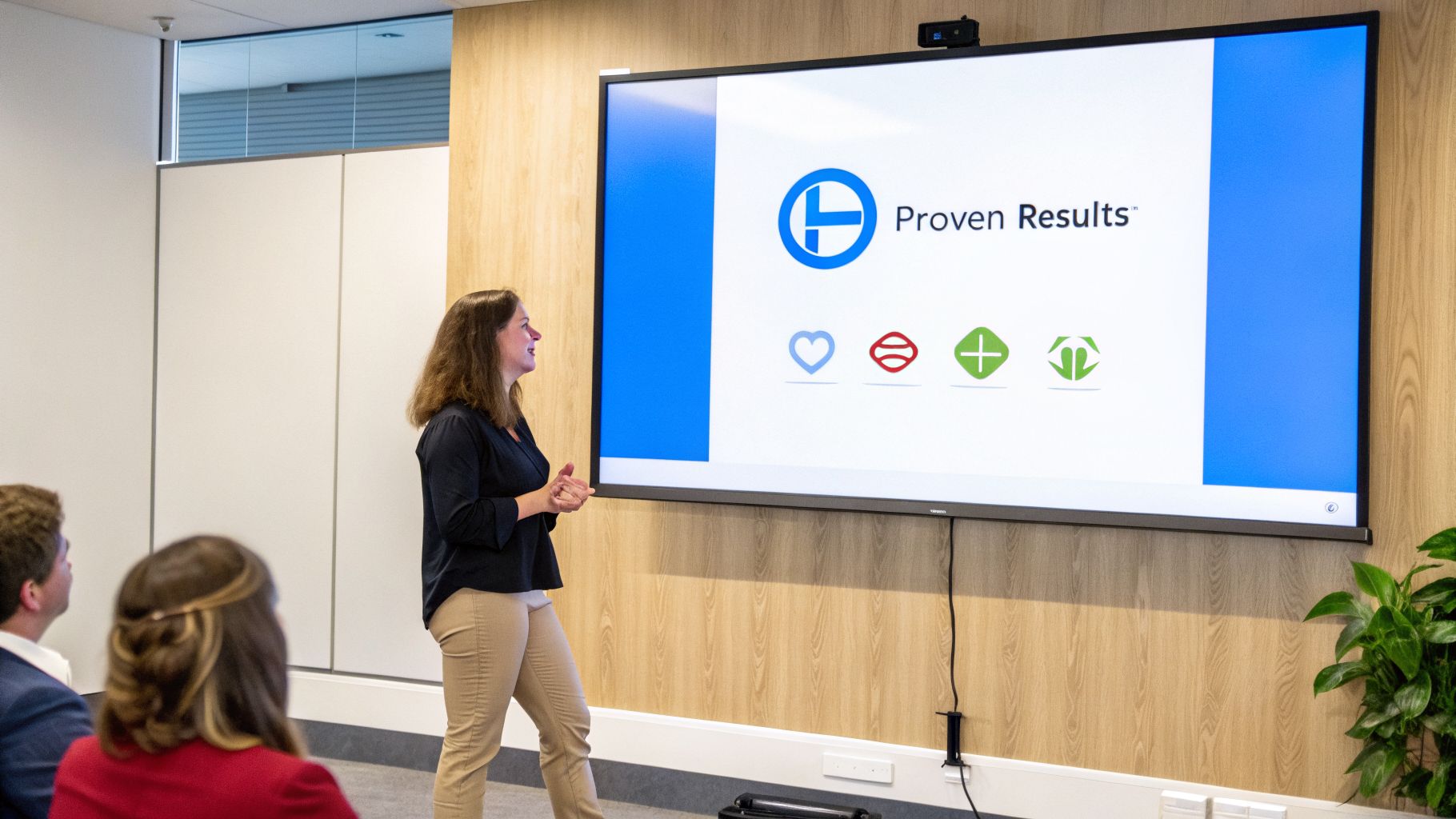 A woman presenting 'Proven Results' on a large screen to an audience in a modern meeting room.