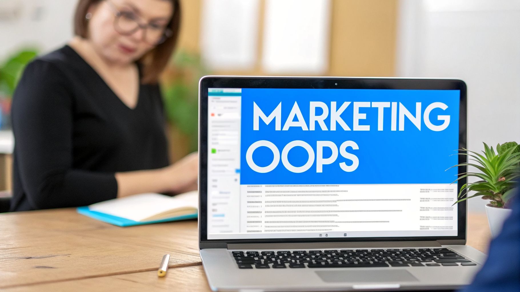 A laptop screen displays "MARKETING OOPS" in white text on a blue background, with a blurred woman nearby.