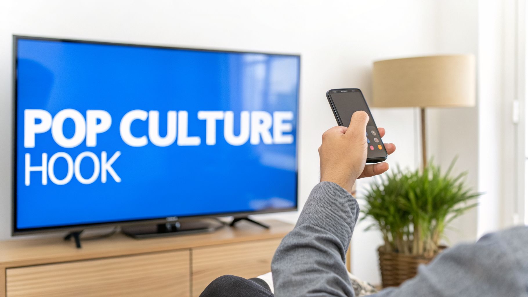 Person uses a smartphone as a remote to control a TV showing 'POP CULTURE HOOK'.