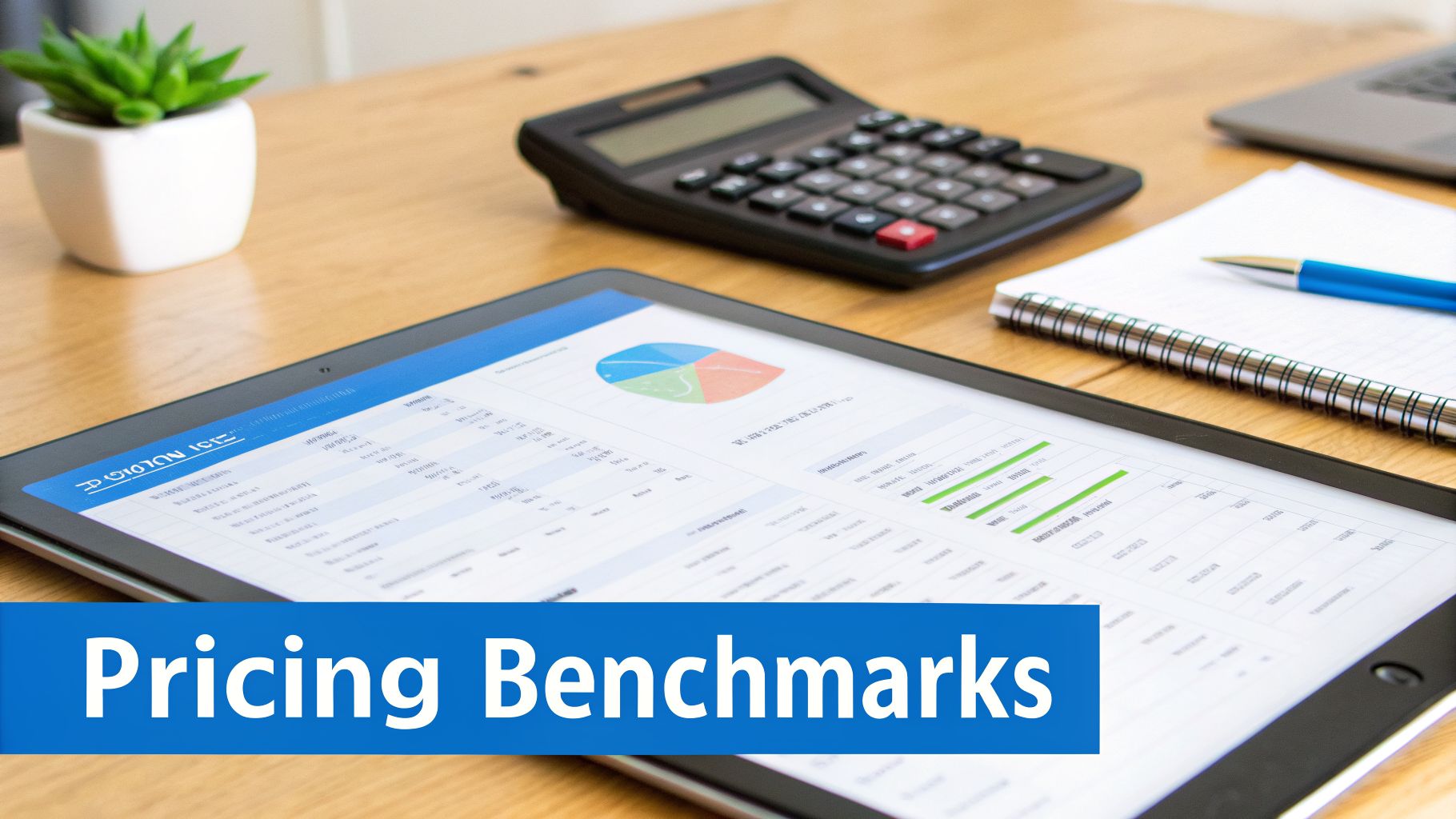 A tablet displays pricing benchmarks and financial data on a wooden desk with a calculator, notebook, and plant.