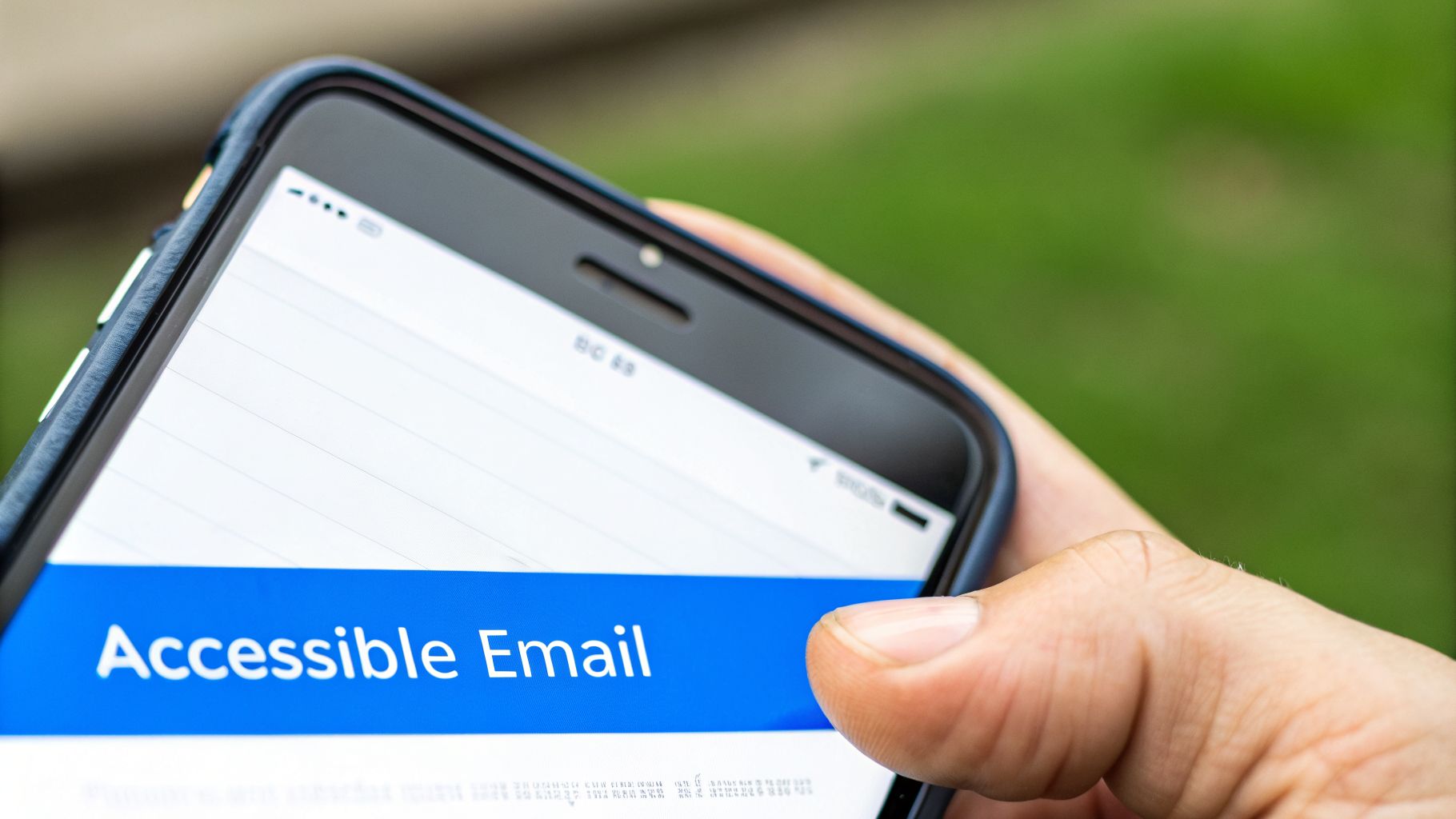 A hand holds a smartphone displaying "Accessible Email" on a blue banner, with a green background.