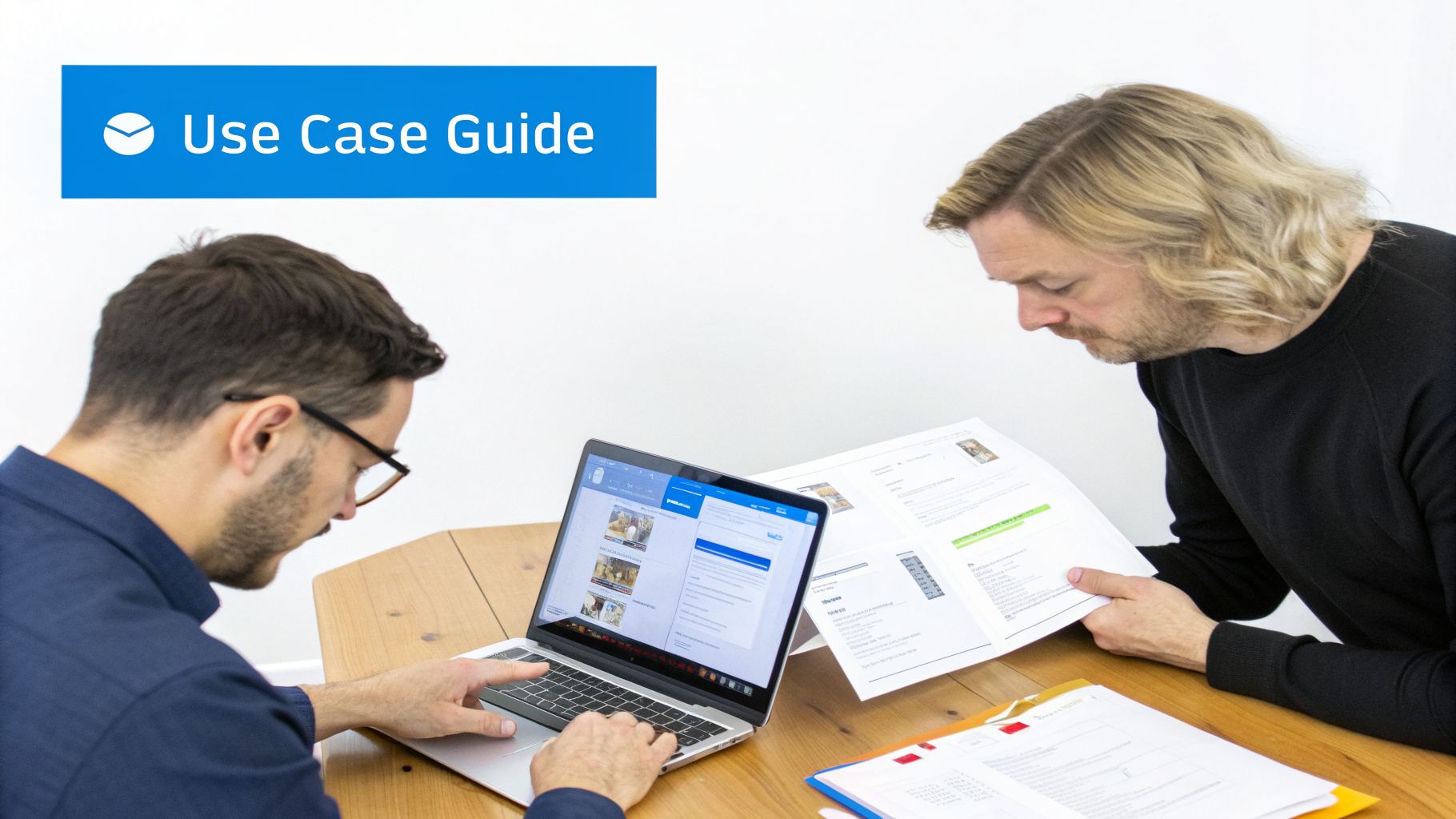 Two men collaborating at a table, one using a laptop and the other reading a document labeled 'Use Case Guide'.