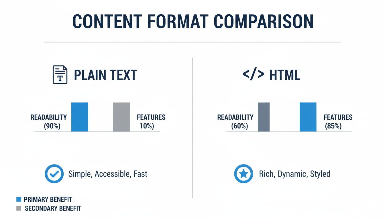 Infographic comparing Plain Text vs. HTML content formats, highlighting readability, features, and benefits.