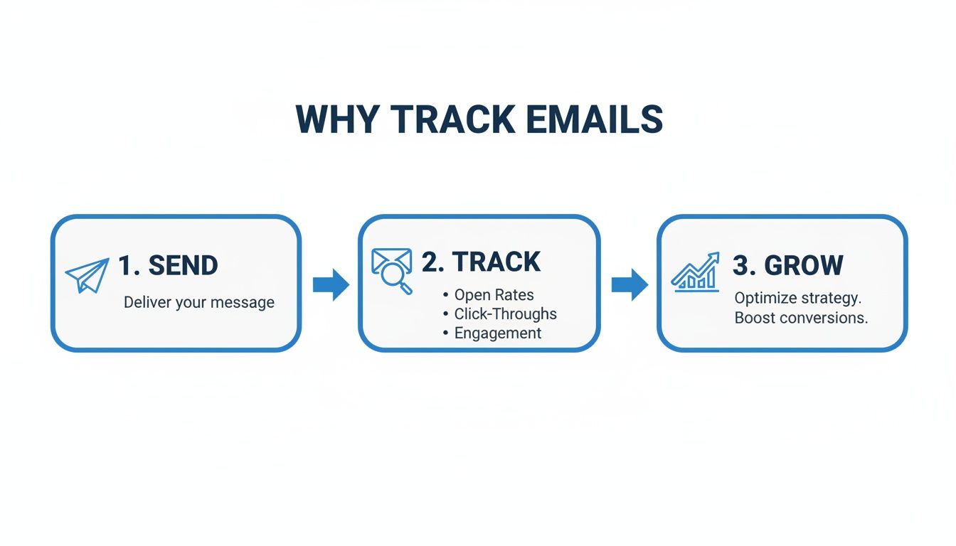 Diagram showing a 3-step process for email tracking: Send, Track (open rates, click-throughs, engagement), and Grow (optimize strategy, boost conversions).