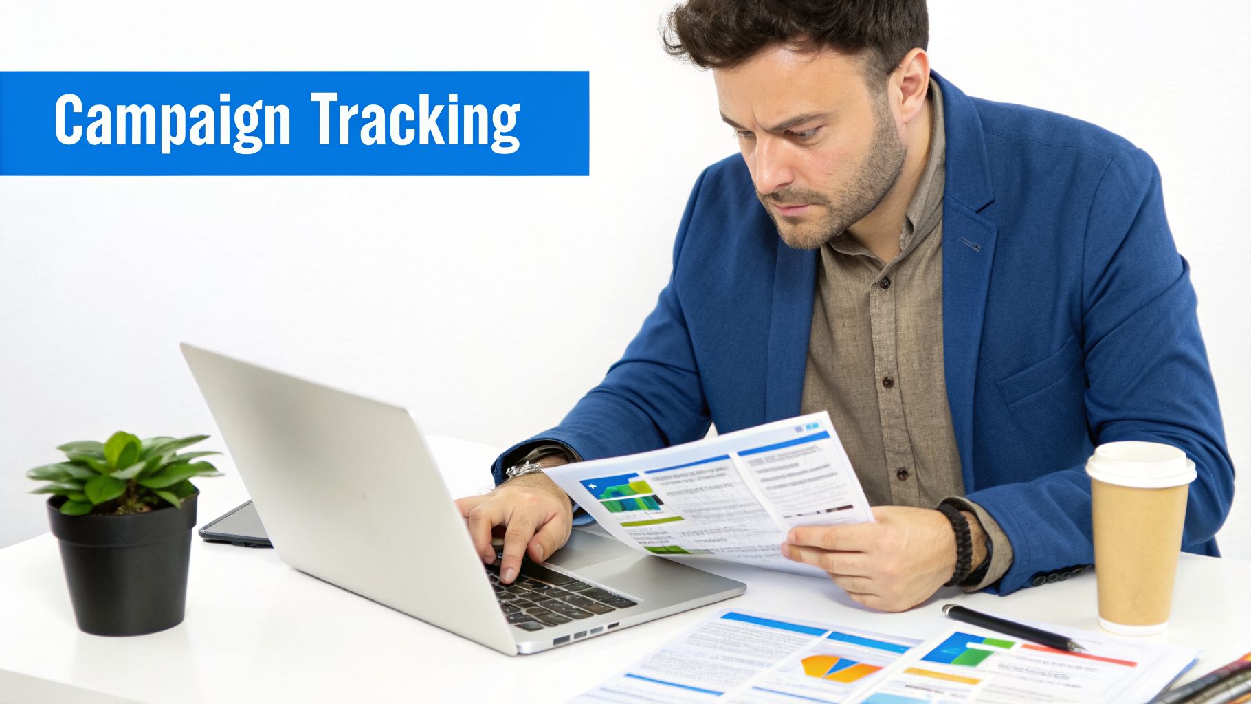 A man is looking at documents and typing on a laptop, surrounded by office supplies. Text: Campaign Tracking.