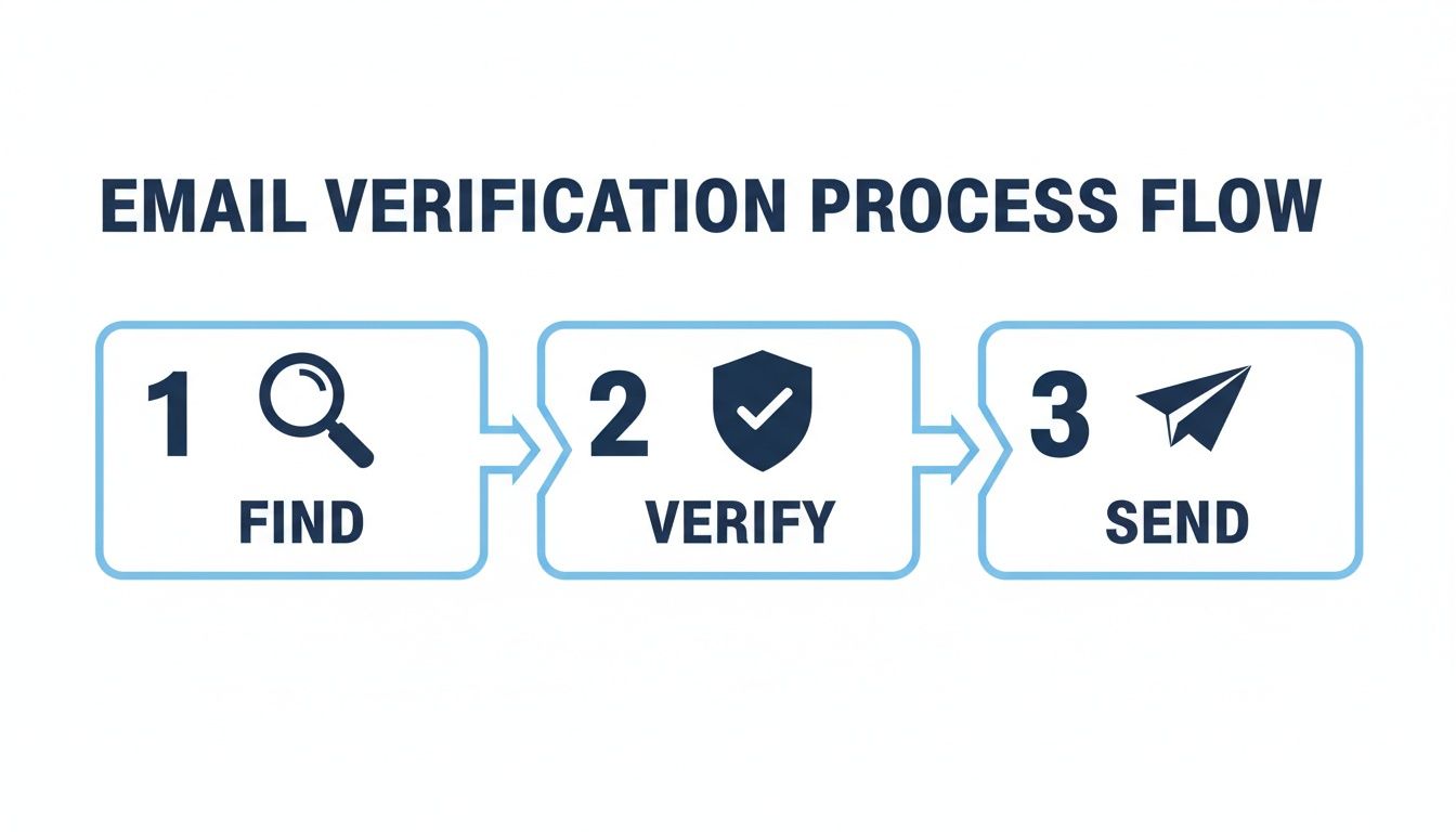 A diagram illustrating the three-step email verification process flow: Find, Verify, and Send.