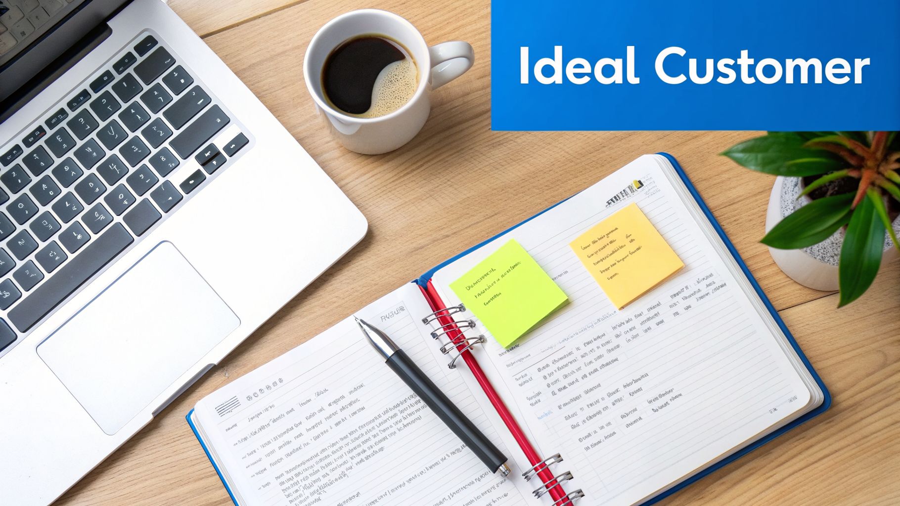 Overhead view of a business workspace with a laptop, coffee, open notebook, and sticky notes, featuring 'Ideal Customer' text.