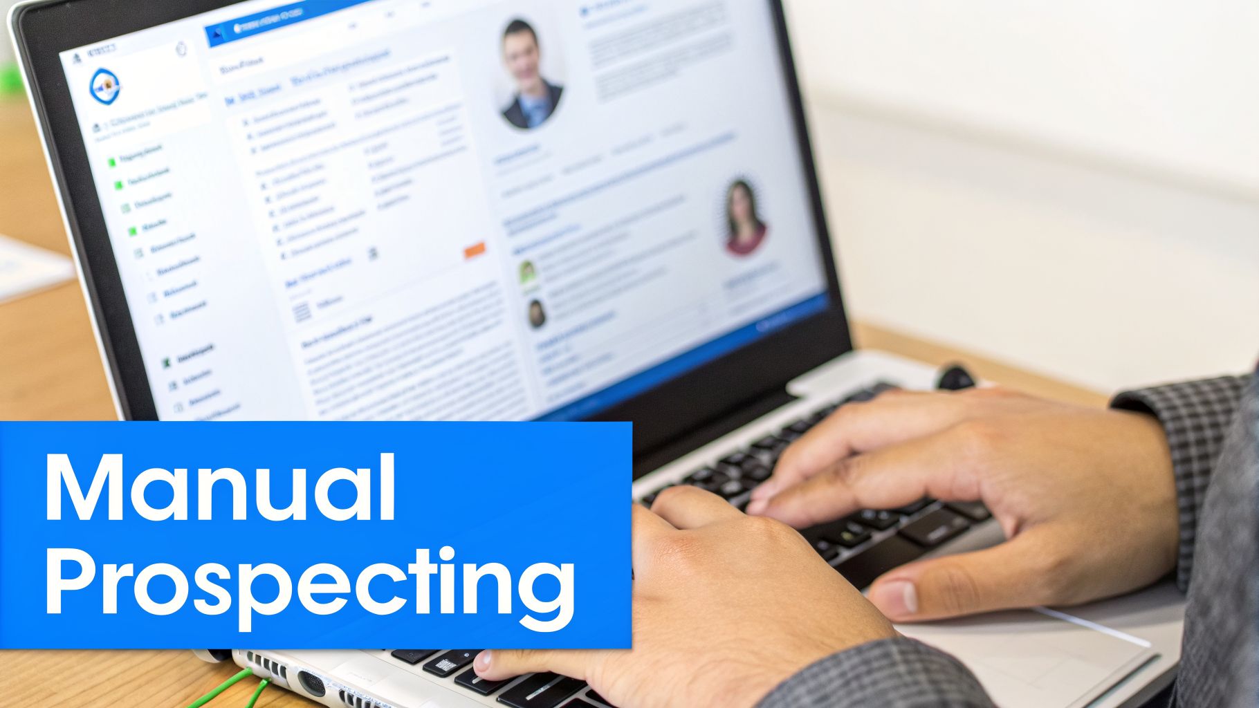 Hands typing on a laptop, viewing professional profiles for manual prospecting.