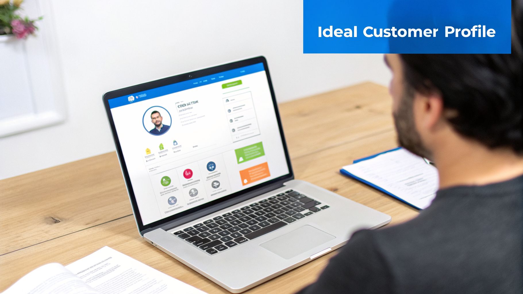 A man views an 'Ideal Customer Profile' on a laptop, showing a user dashboard.