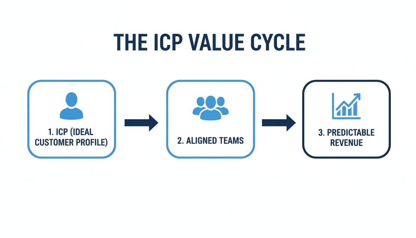 Flowchart illustrating the ICP Value Cycle: Ideal Customer Profile leads to Aligned Teams and Predictable Revenue.