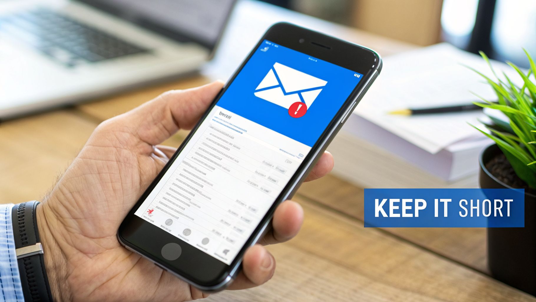 A hand holds a smartphone displaying an email app with an urgent message and "Keep It Short" text.