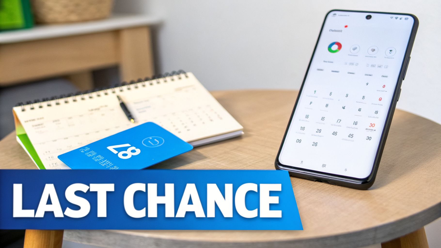 A smartphone showing a calendar app and a desk calendar next to a 'LAST CHANCE' banner on a wooden table.