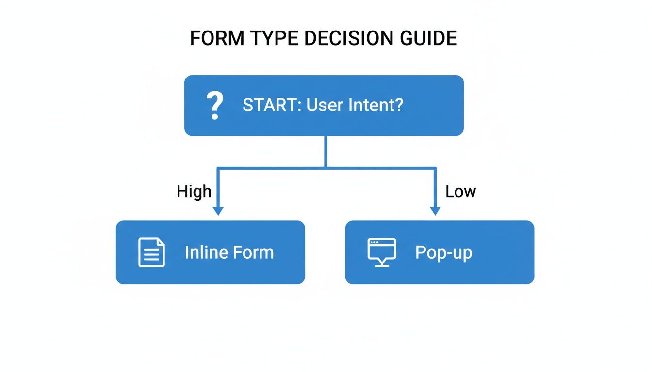 Flowchart guiding form type decision: high user intent leads to inline forms, low to pop-ups.