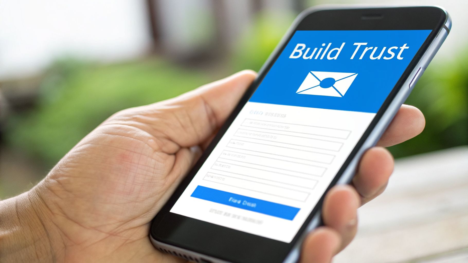 A hand holds a smartphone displaying a 'Build Trust' opt-in form with an envelope icon and input fields.