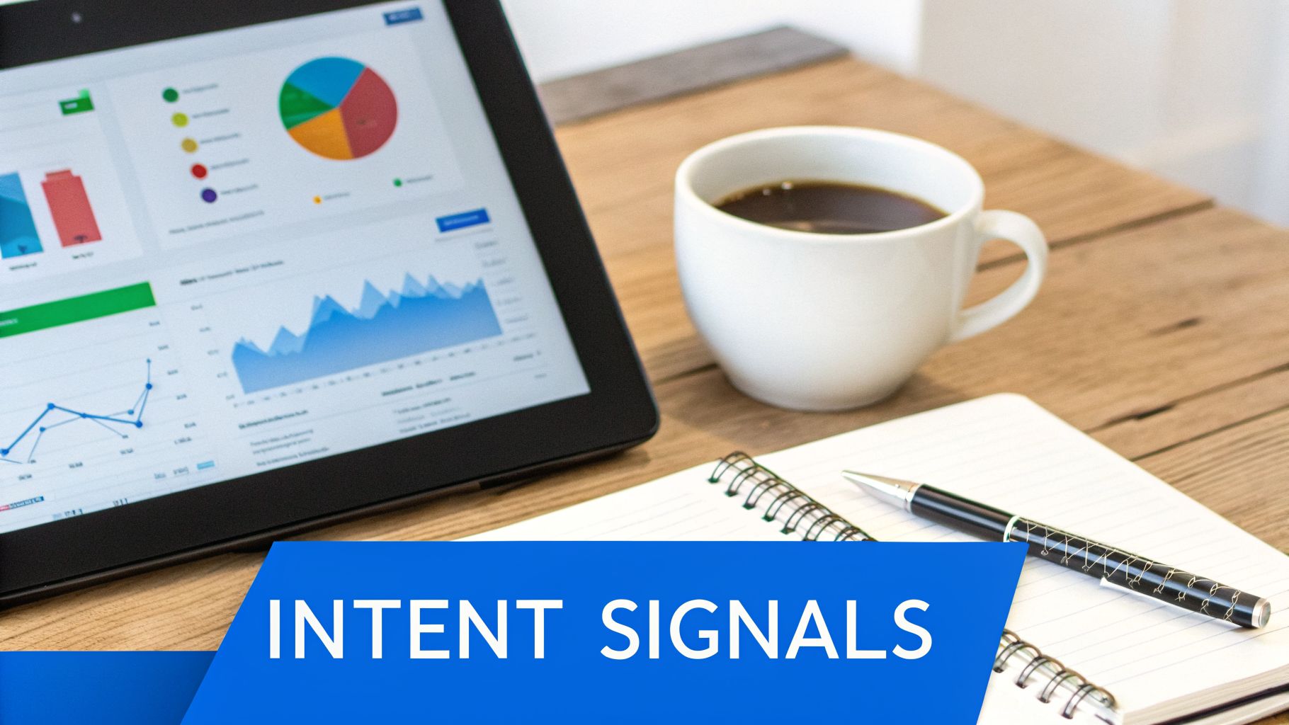 Tablet displaying data dashboards, a coffee cup, notebook, and pen on a wooden desk, with "INTENT SIGNALS" banner.