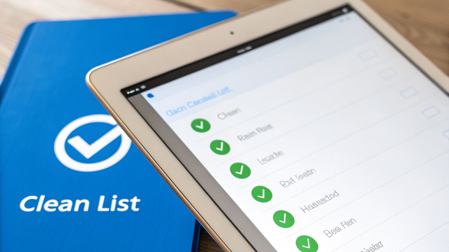 A tablet displays a digital checklist with green checkmarks next to a blue 'Clean List' notebook.