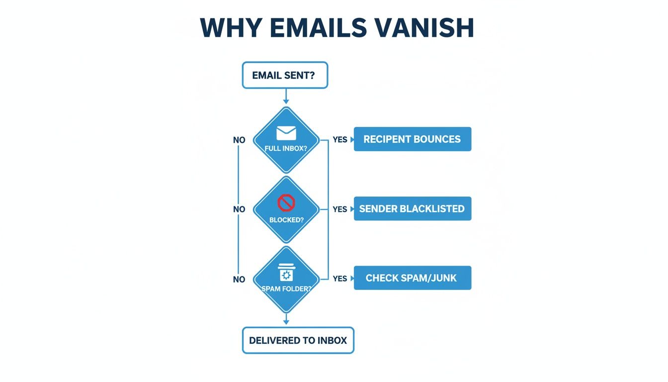 A flowchart titled 'Why Emails Vanish' explaining common reasons for undelivered emails, from full inboxes to spam.