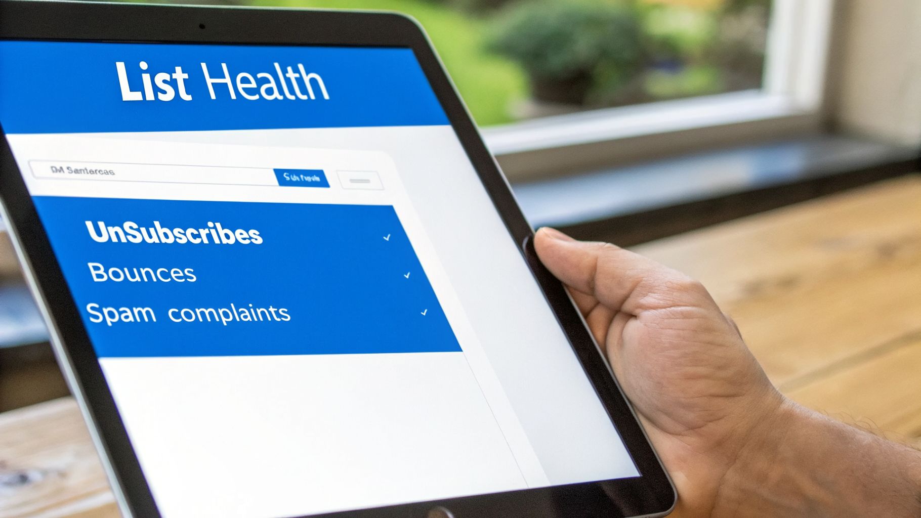 A person holds a tablet displaying an email list health dashboard with unsubscribes, bounces, and spam complaints.