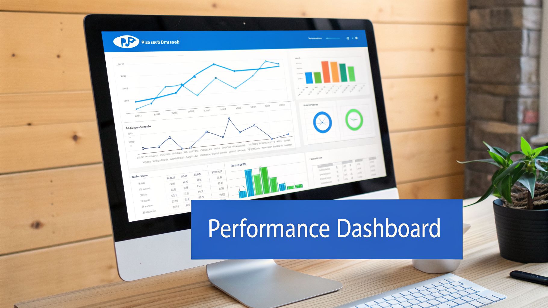 A computer monitor displaying a performance dashboard with charts and graphs, on a wooden desk.