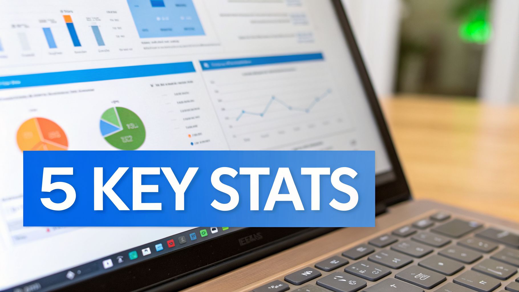 A laptop screen displaying business analytics charts and graphs with a prominent '5 KEY STATS' banner.
