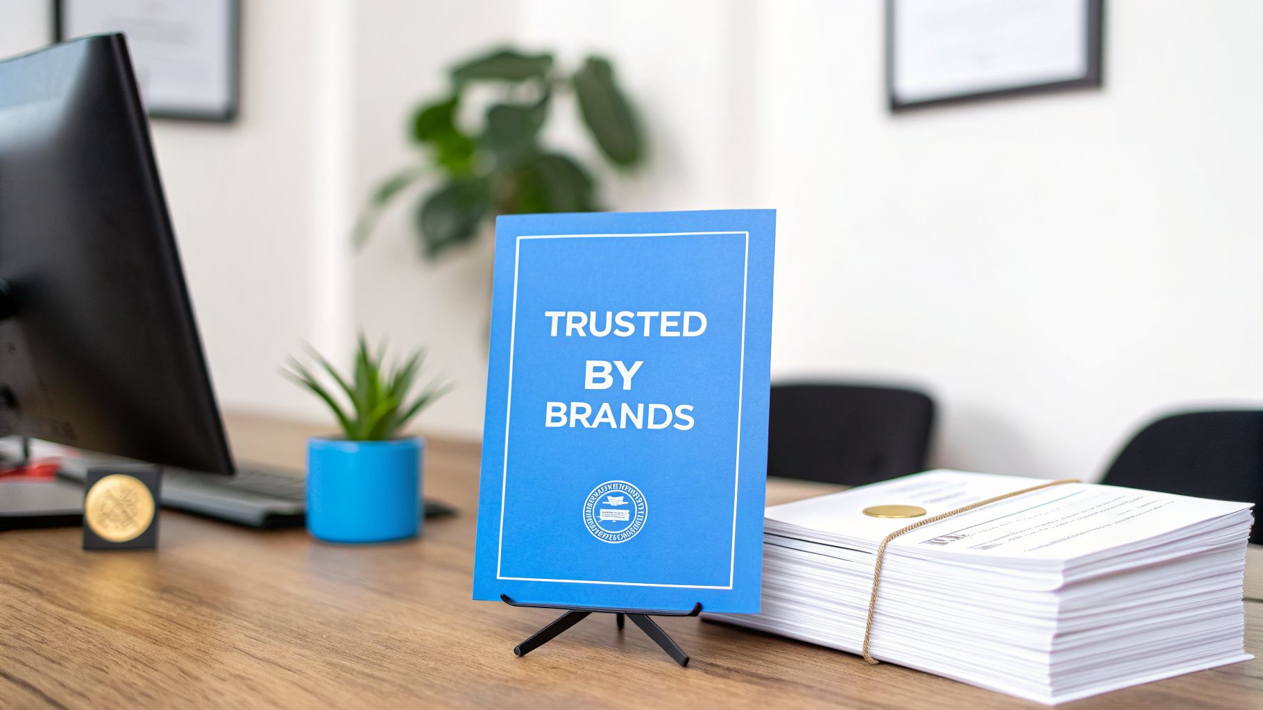 A blue sign reading 'TRUSTED BY BRANDS' stands on a wooden desk with a stack of documents.