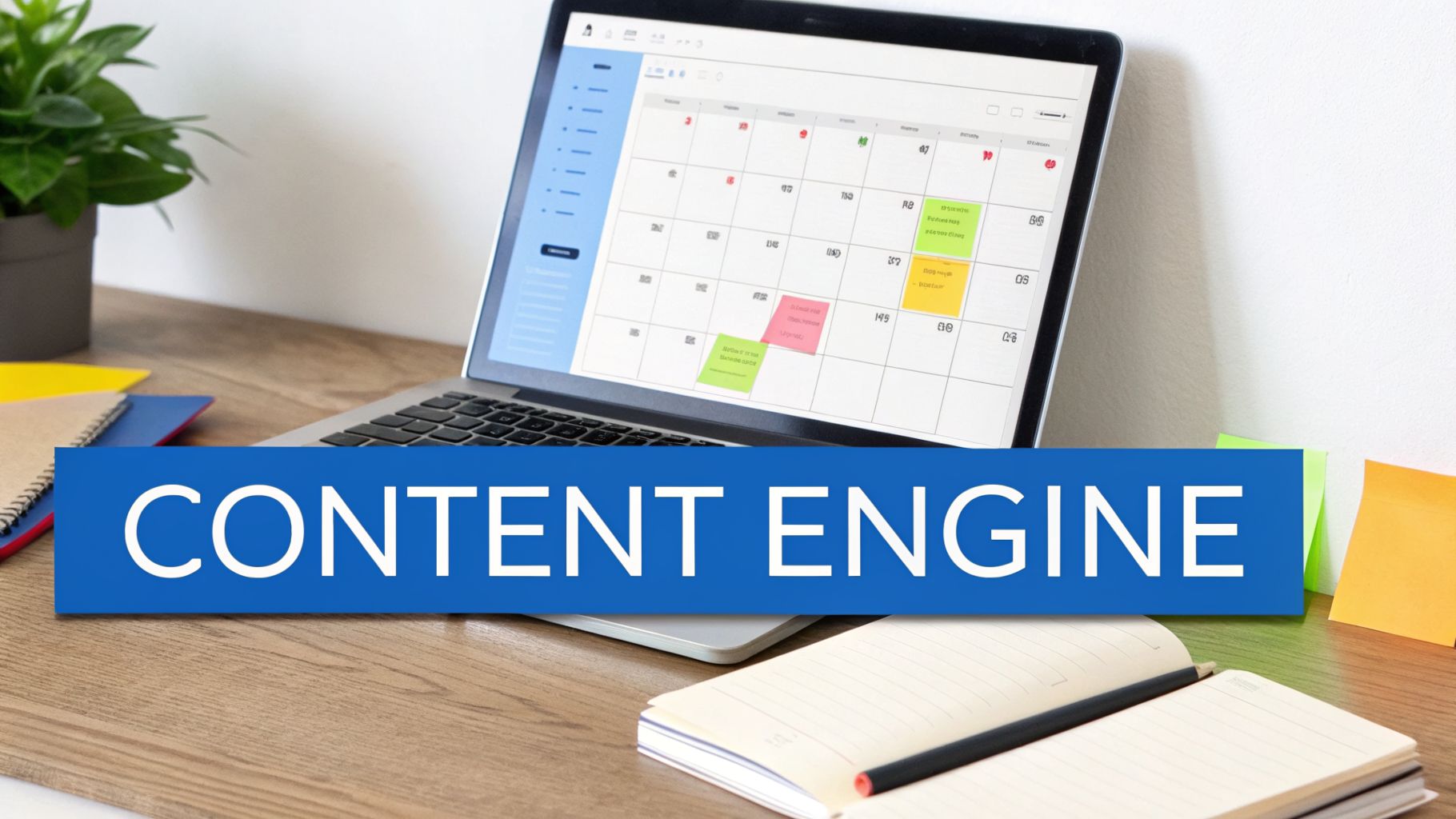 A 'Content Engine' banner on a desk with a laptop showing a content calendar and planning tools.