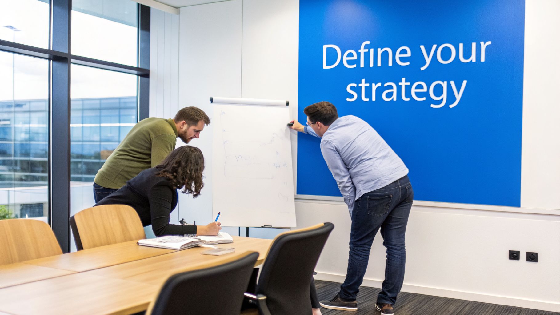 Three business professionals actively collaborate and brainstorm on a whiteboard during a strategy meeting.