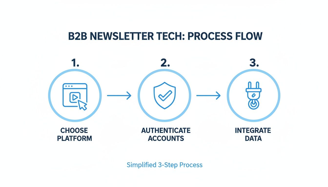 A 3-step process flow for B2B newsletter tech, showing choosing a platform, authenticating accounts, and integrating data.