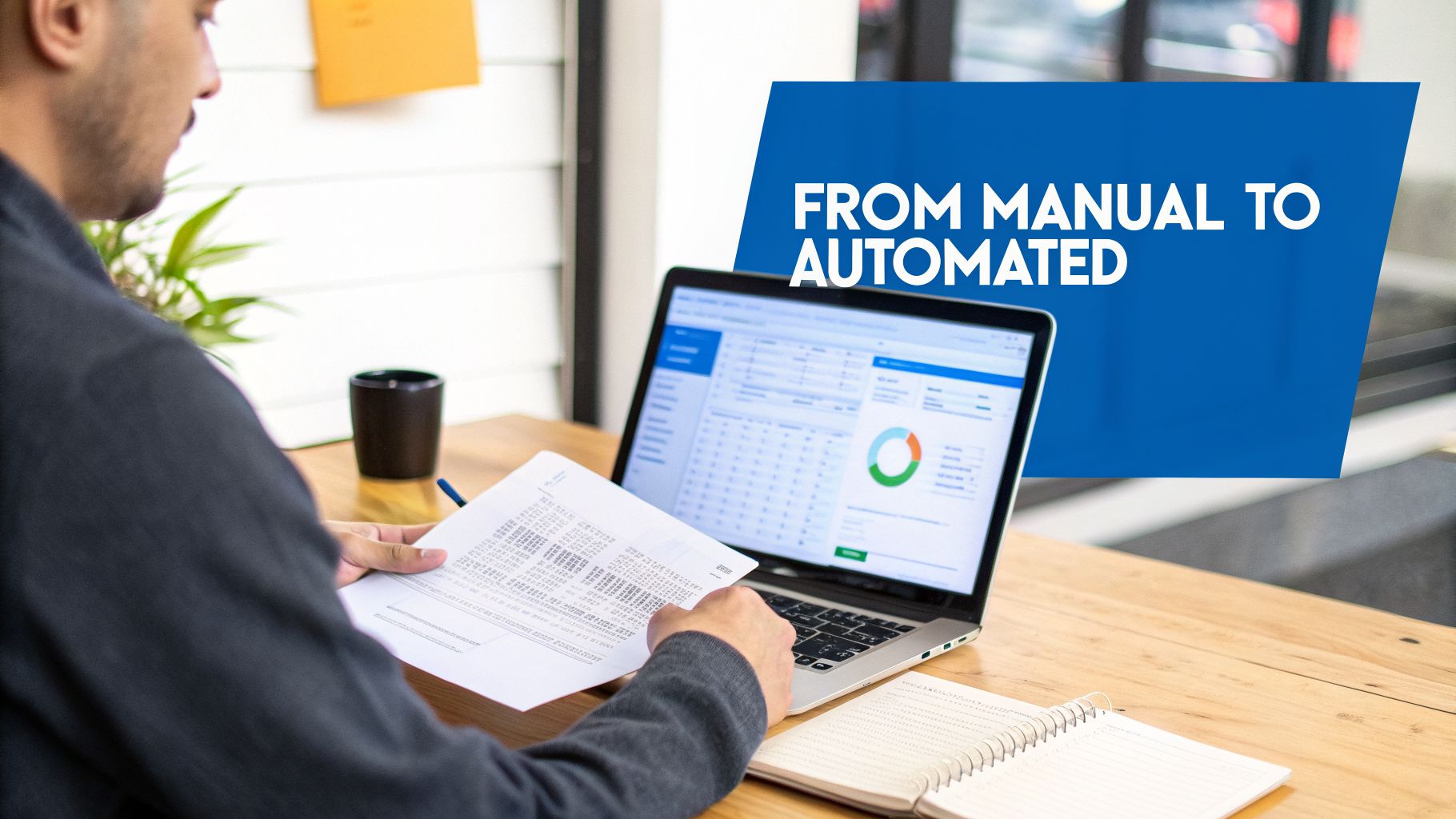 A person transitions from reviewing physical documents to analyzing data on a laptop, symbolizing automation.