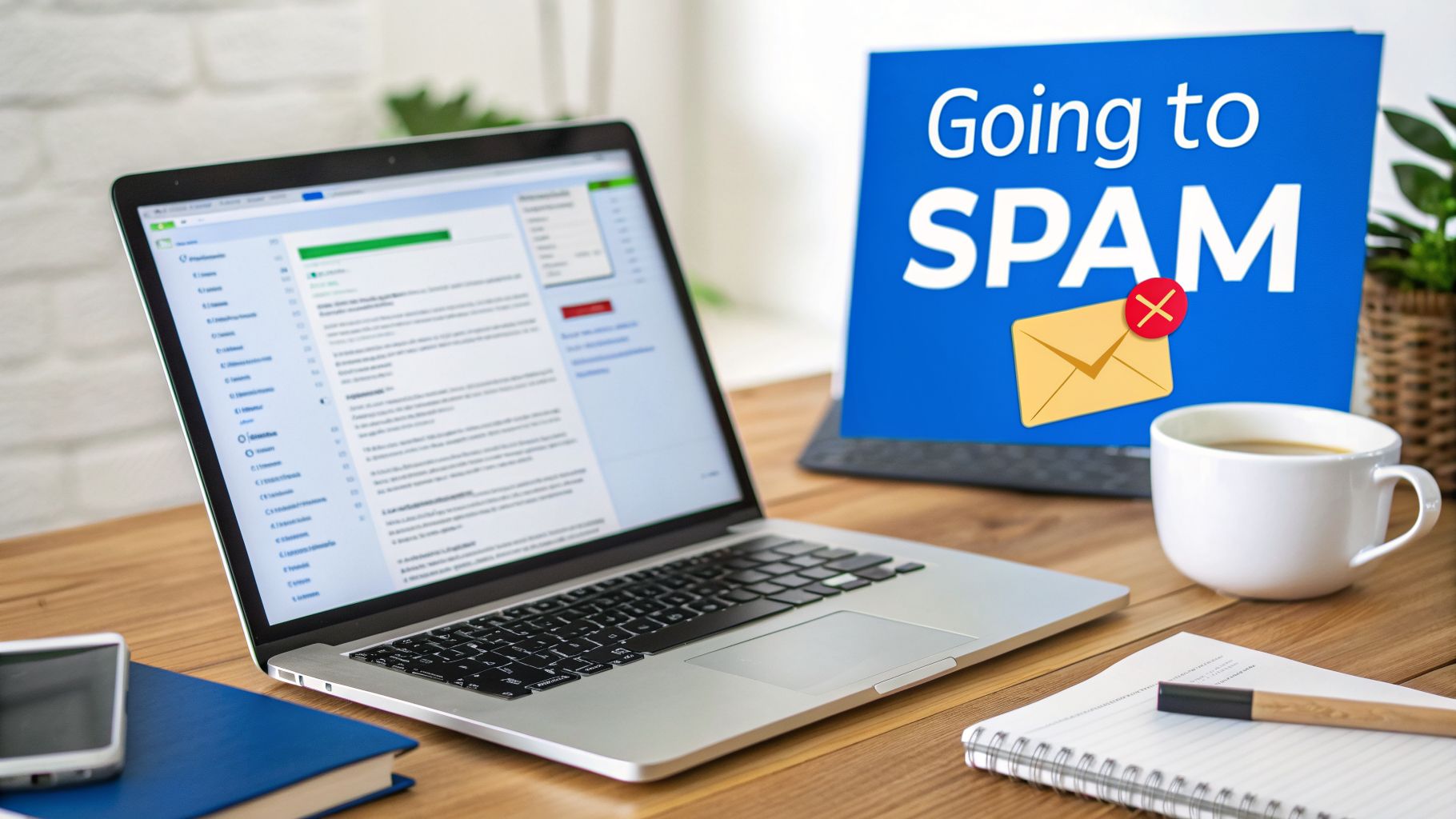 A laptop on a wooden desk displays an email inbox, with a "Going to SPAM" sign in the background.